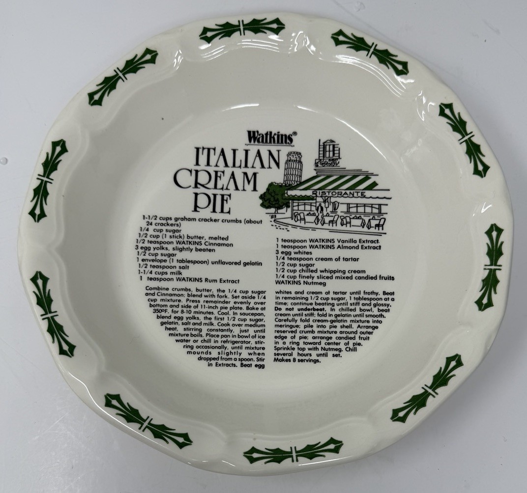 Watkins Italian Cream Pie 1983 Ceramic Pie Dish Plate Made In USA Vintage