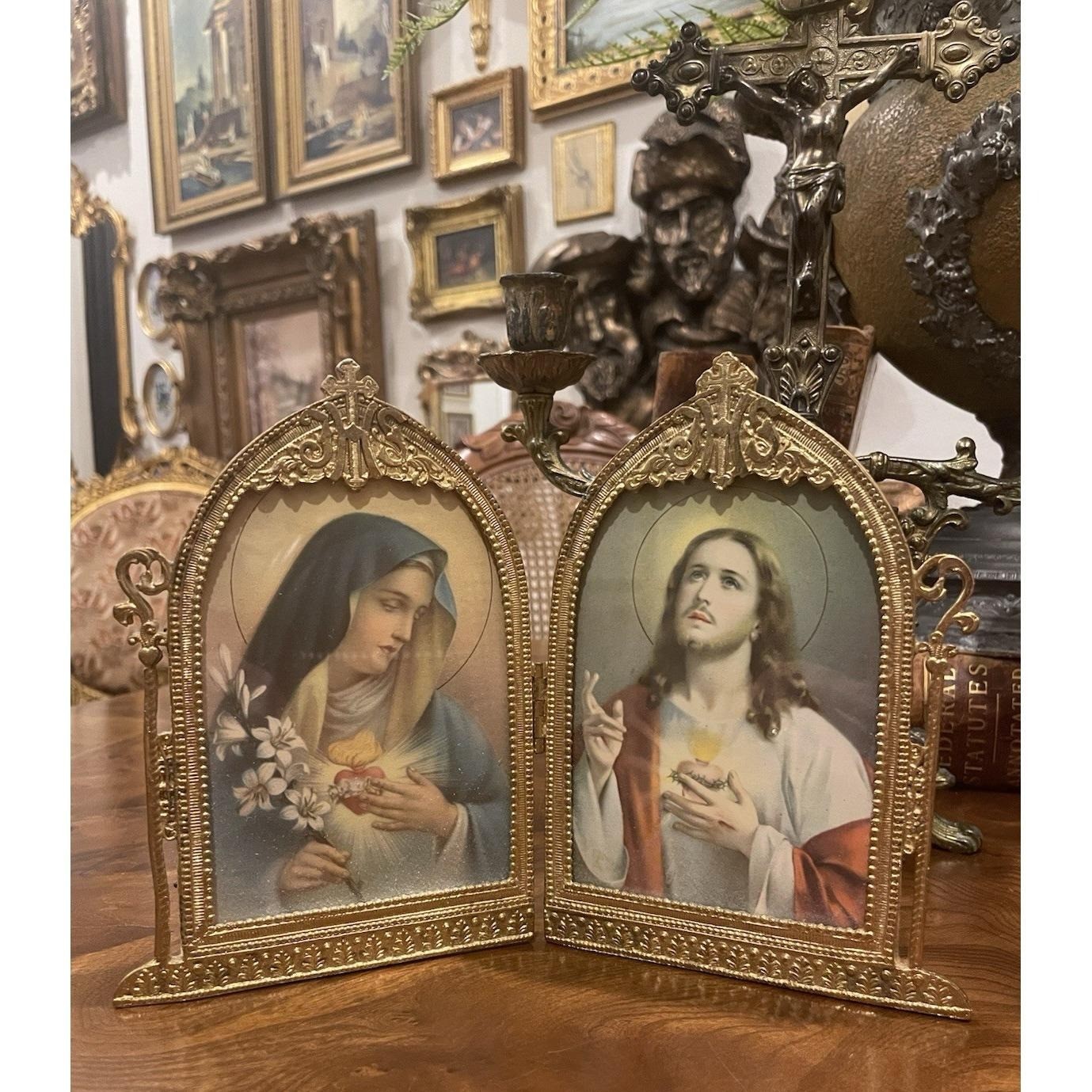 Vtg Bifold Cast Metal Gold Gilt Florentine Diptych Sacred Heart Mary Jesus 6.5x8