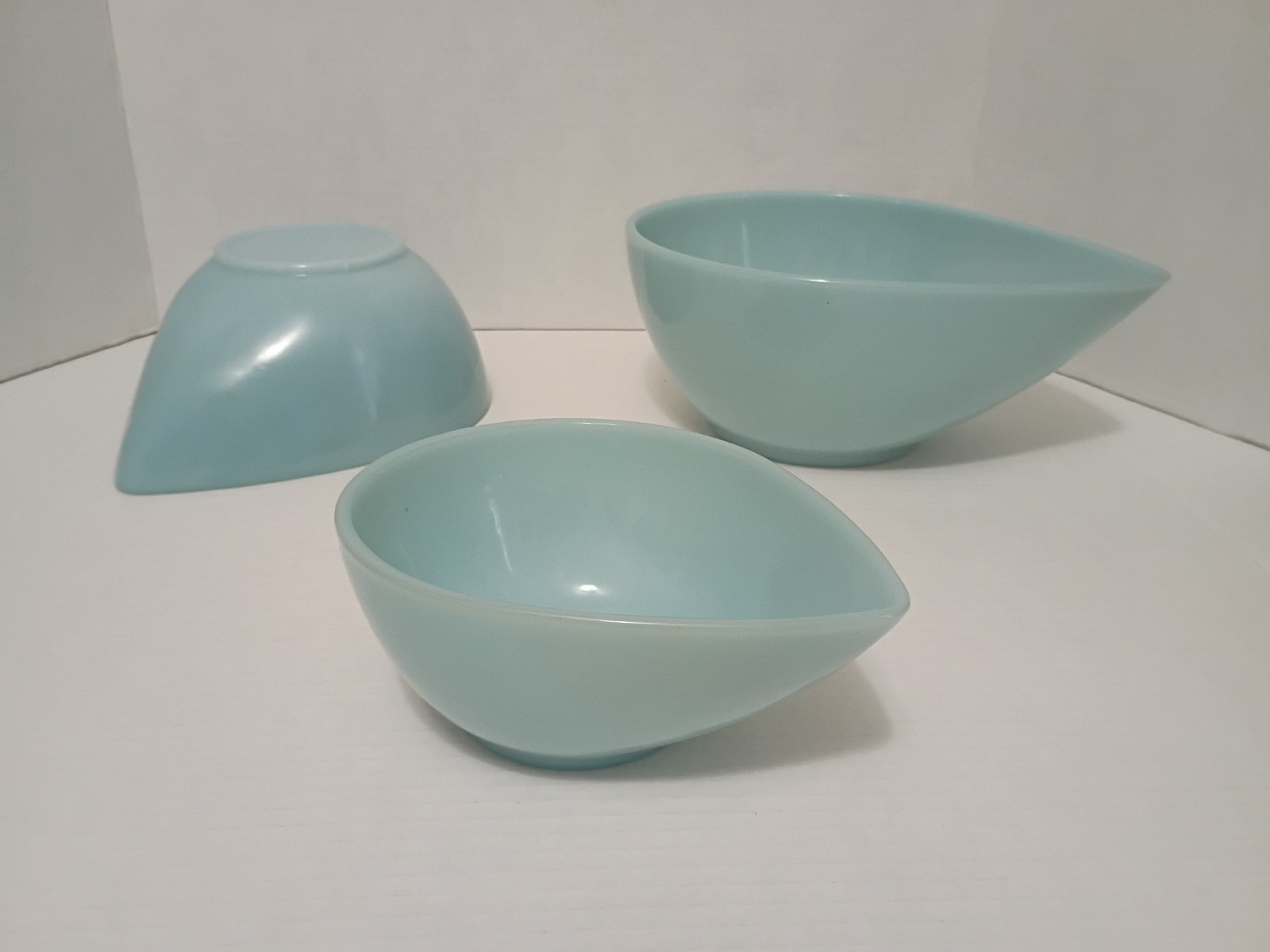 3 pc Vintage Fire King Delphite Blue Swedish Modern Teardrop Mixing Bowls Set