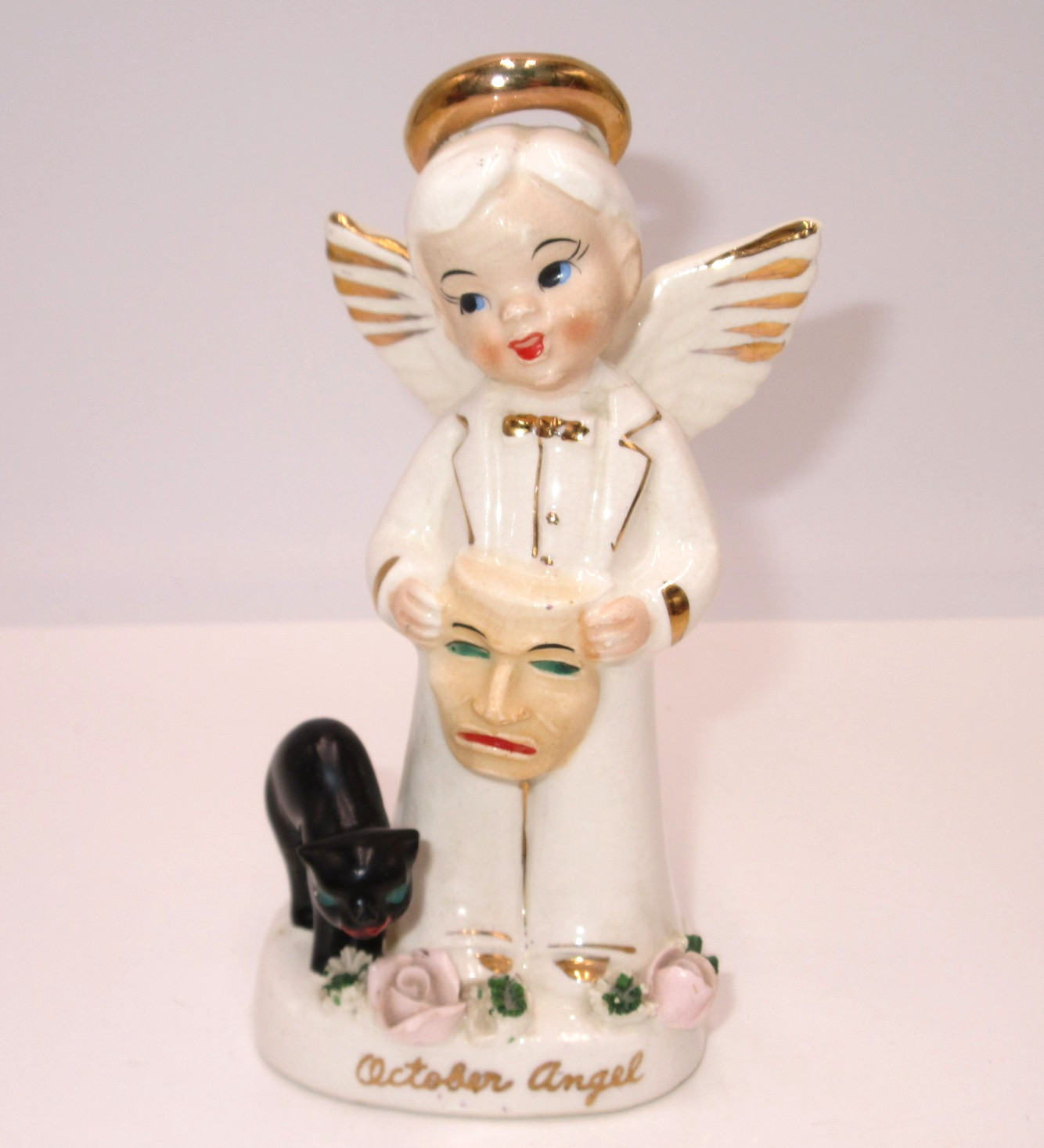 Repaired Vintage Napco October Angel Boy Figurine Halloween Mask Black Cat 1300