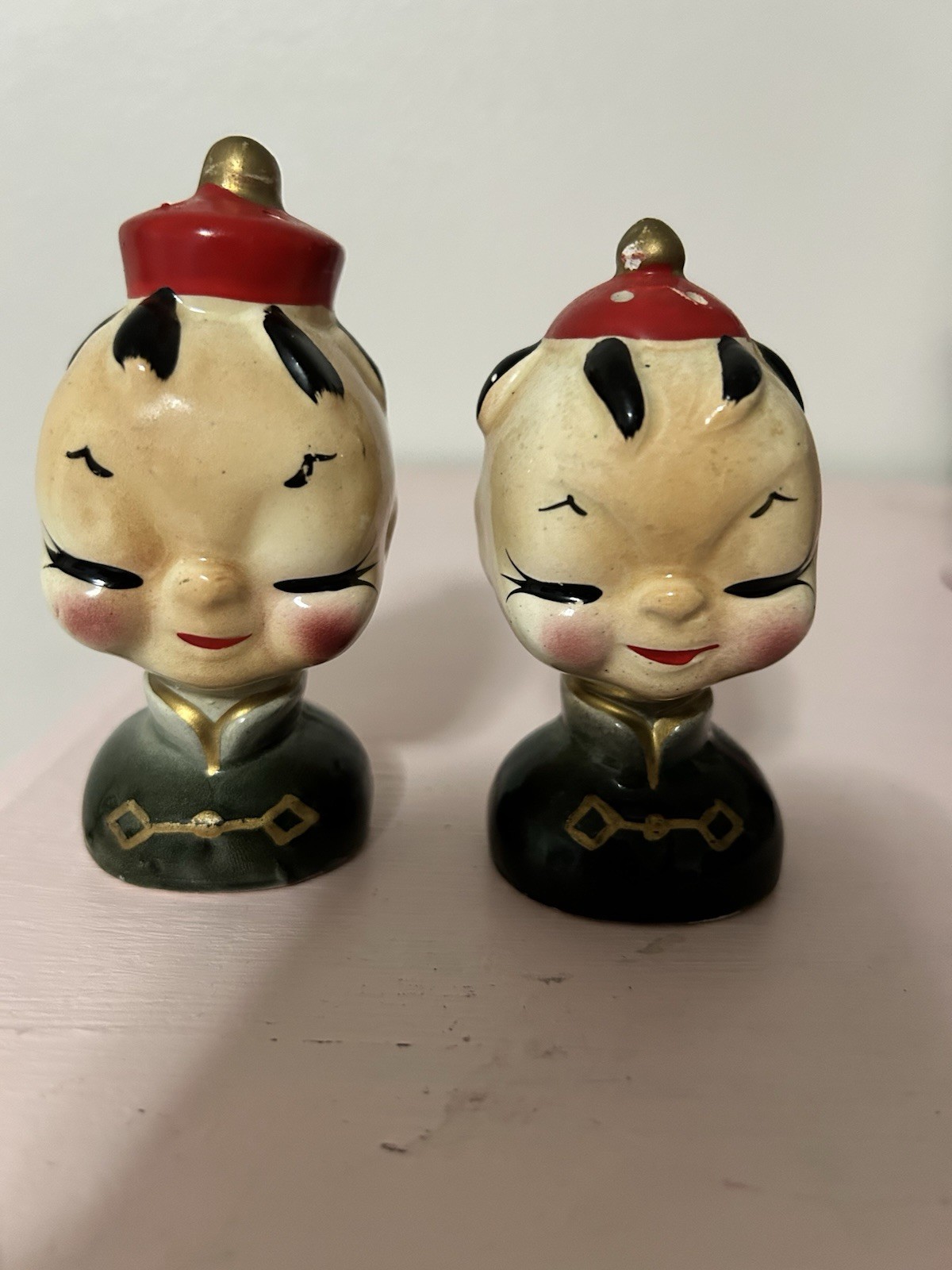 Vintage 1920-40s Asian Japanese Kids Salt & Pepper Shakers 3.5” Kitsch Pair MCM