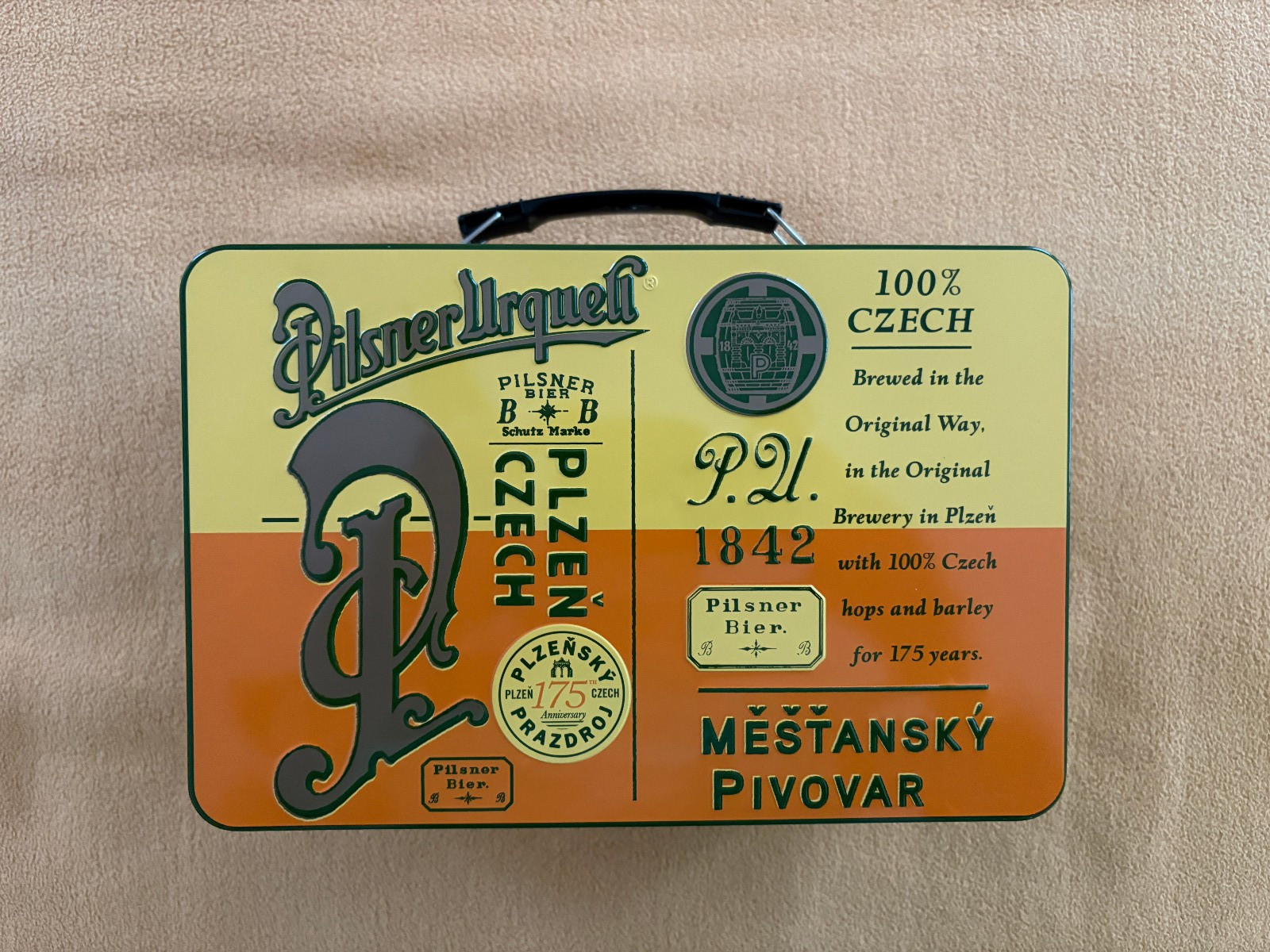 Pilsner Urquell Yellow/Orange 1842 Embossed Beer Lunch Box 11x7x5