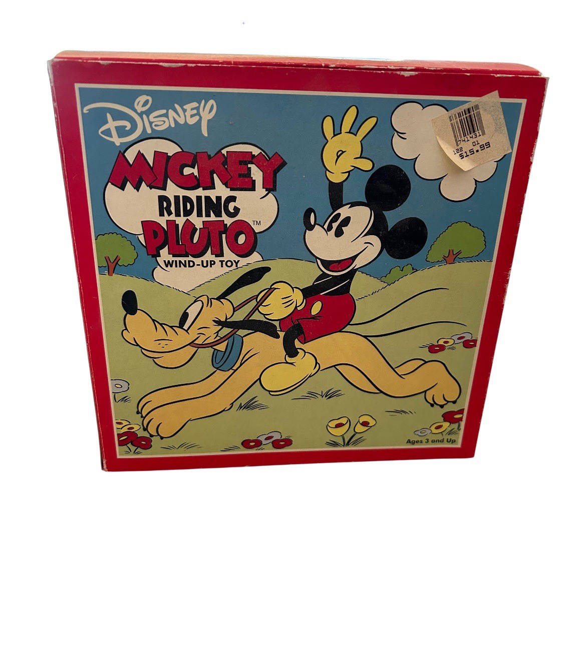 VINTAGE 02 WALT DISNEY SCHYLLING TOYS MICKEY MOUSE RIDING PLUTO WIND UP TOY READ