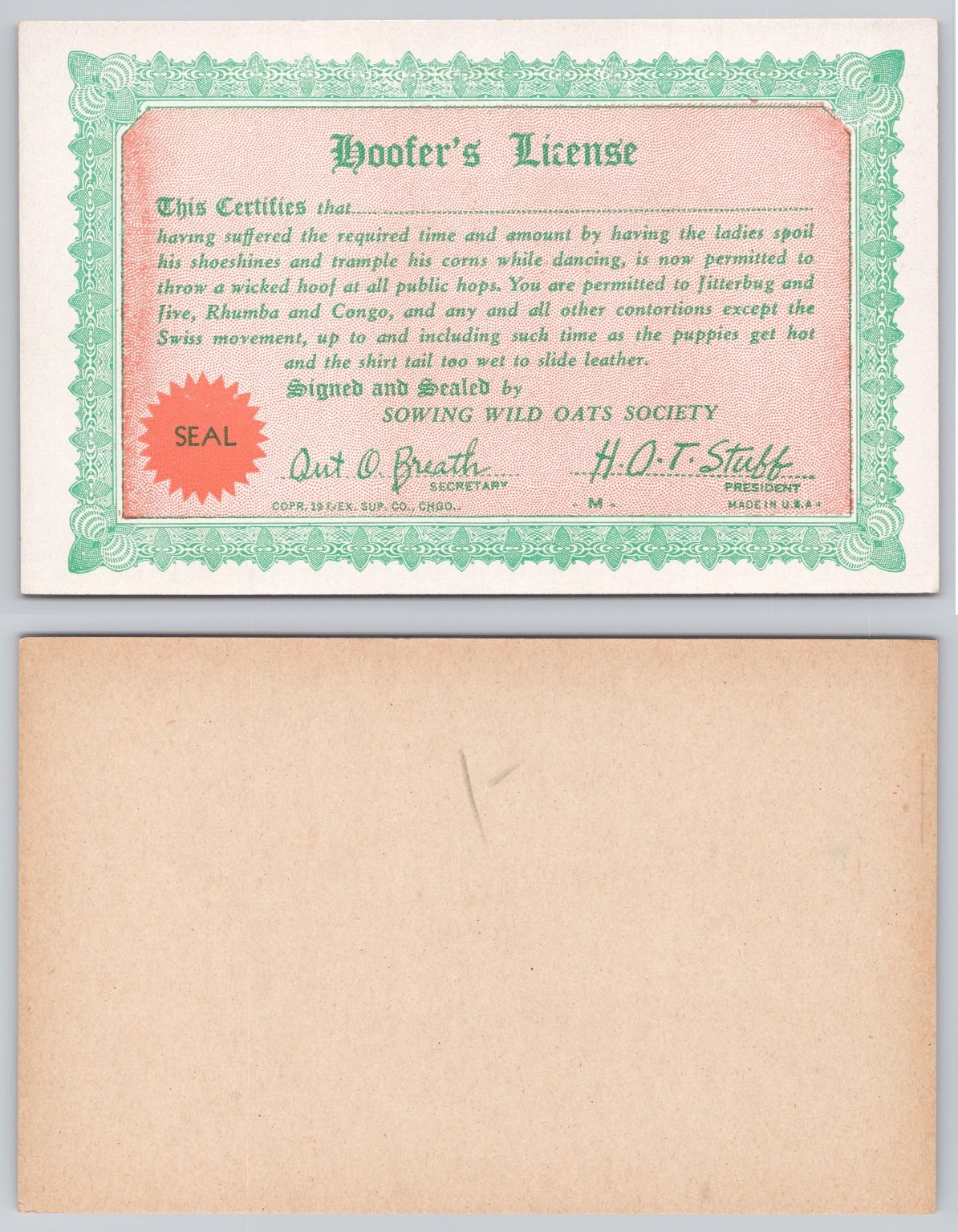 Vintage Hooper\'s License Funny Novelty Postcard Sowing Wild Oats Society 1910s