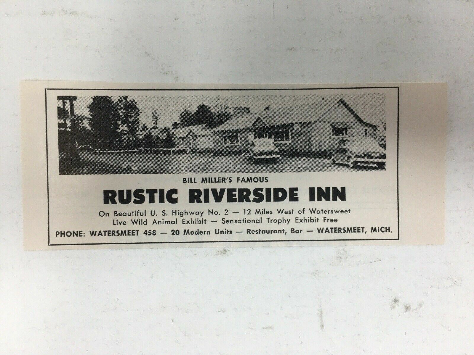 Bill Miller\'s Famous Rustic Riverside Inn Vintage Print Ad Watersmeet MI Picture