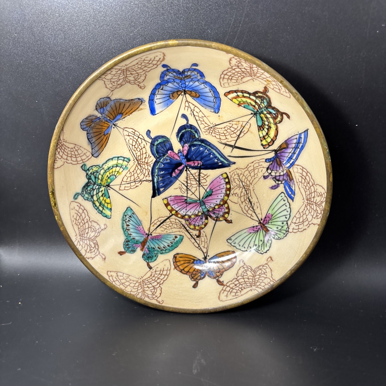 Vtg Brass Backed Chinoiserie Butterfly Bowl Gold Pink Blue Green 6 In W/hanger