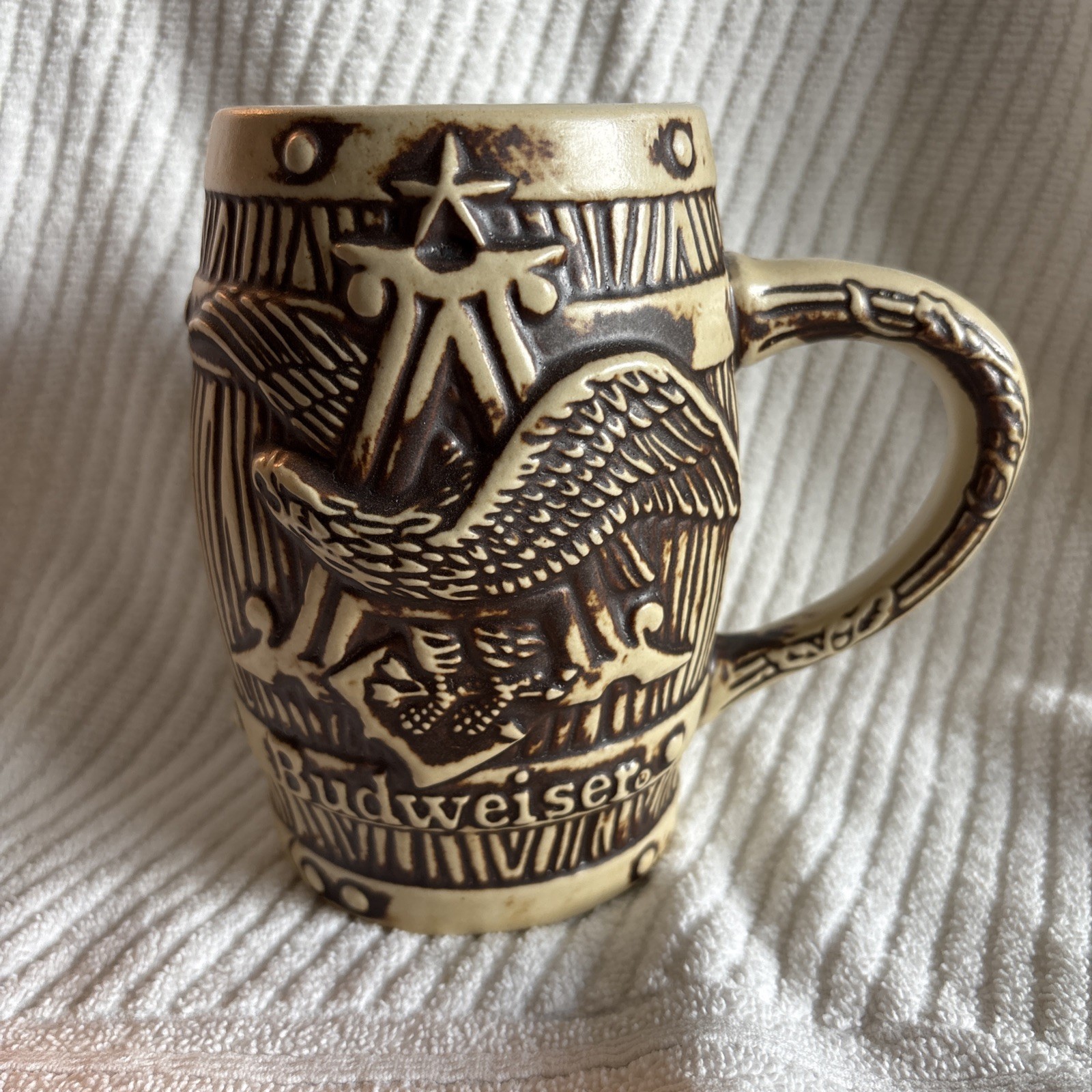 Vintage Budweiser A&E Eagle Logo Barrel Stein St. Louis MO Cup Mug Beer