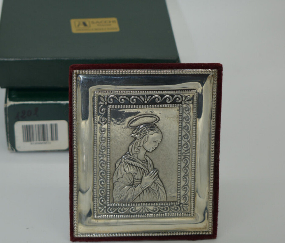 Vtg Sacchi Italy Sterling Silver Tile Mother Mary Tabletop  with Box 4 1/2 inch