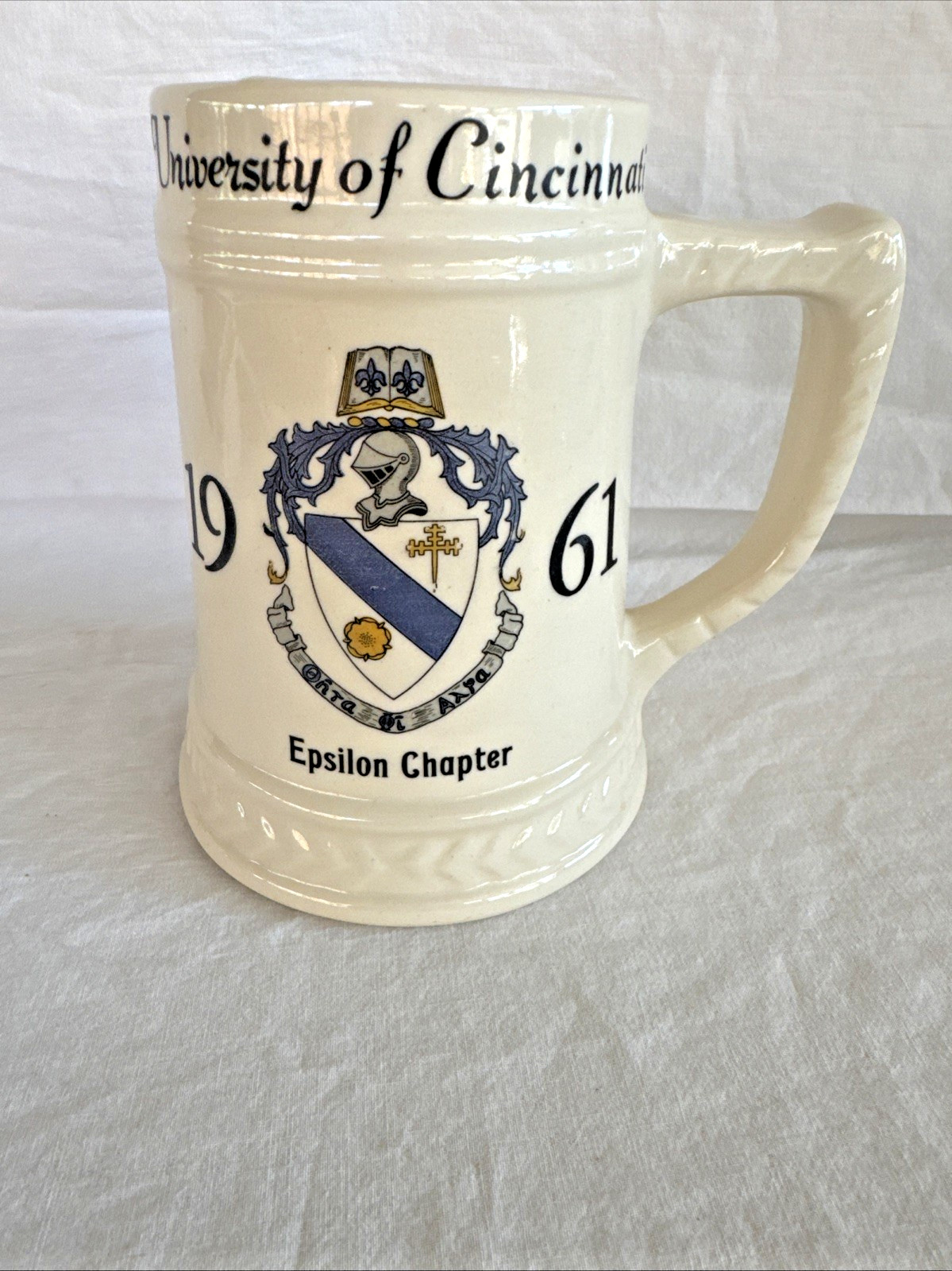 Vintage 1961 University of Cincinnati Ceramic Beer Stein Mug Epsilon Chapter