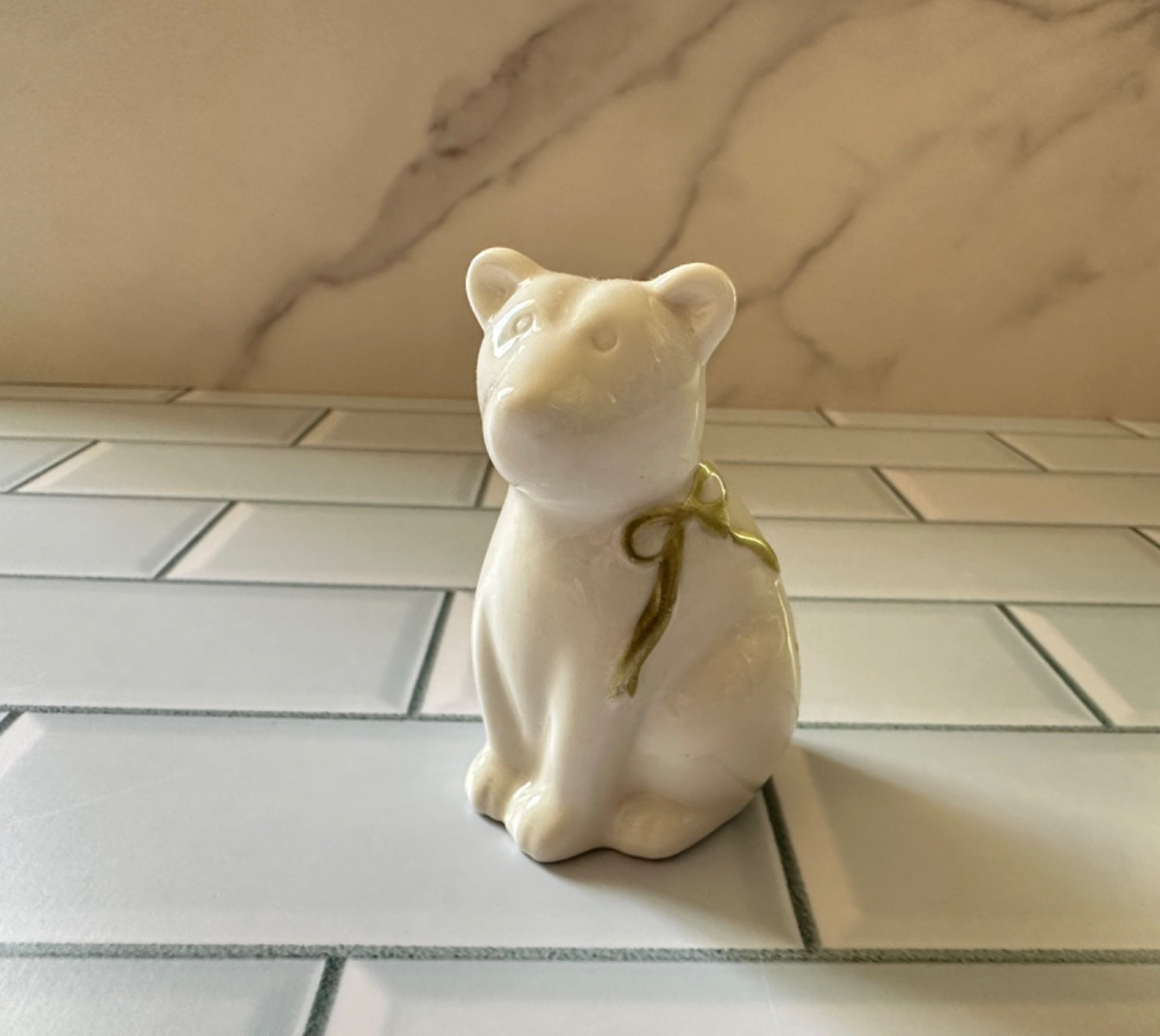 White Ceramic Holiday Bear Figurine – Christmas Decor with Gold Bow and Pine NEW White Ceramic Holiday Bear Figurine – Christmas Decor with Gold Bow and Pine NEW