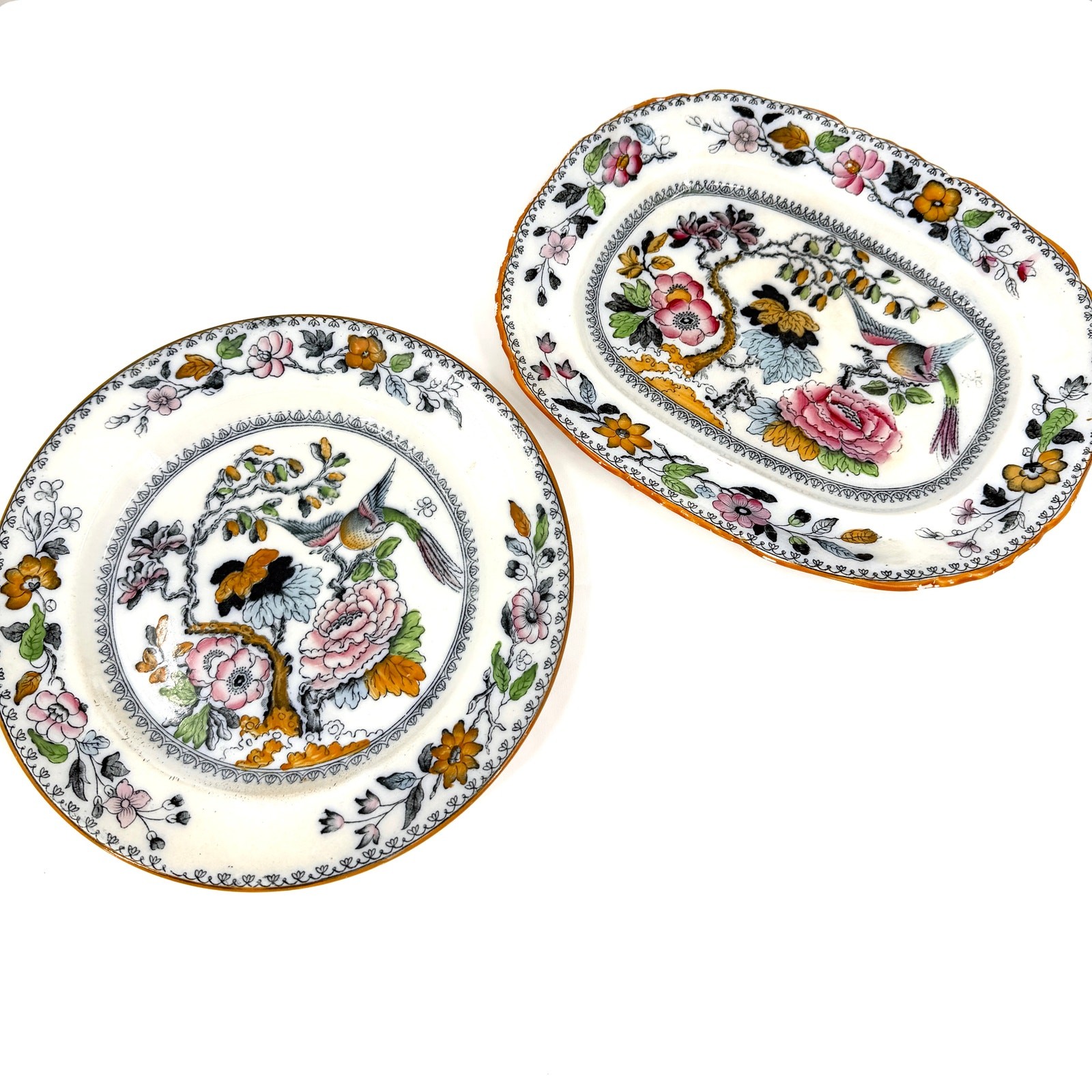 Vintage 1800s Ashworth White Ironstone Polychrome Bird Floral Plate Platter Set