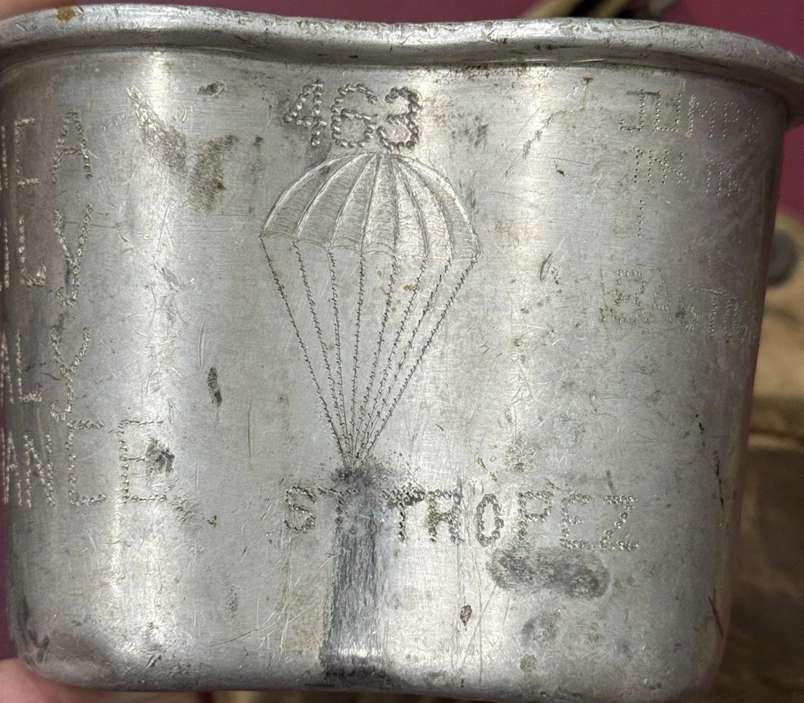 Rare WW2 463rd 101st Airborne paratrooper Trench Art cup & Camo cover 