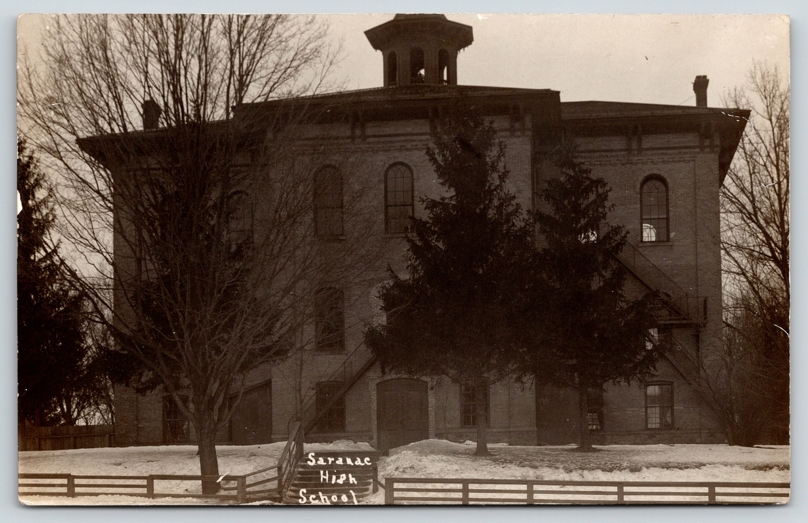 Saranac Michigan~High School in Snow~Wood Rail Fence & Steps~Cupola~c1908 RPPC