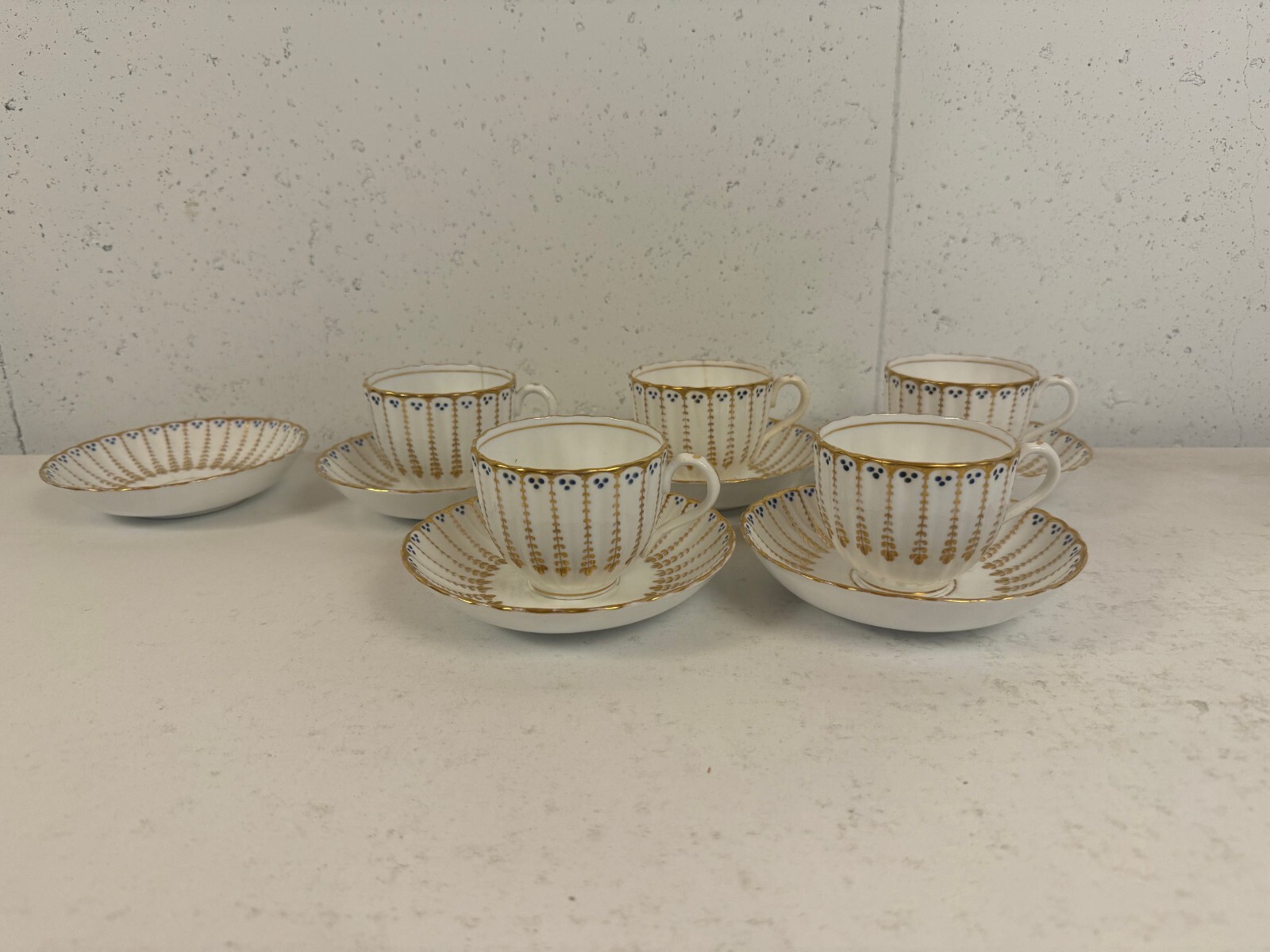 Antique Likely English Porcelain Set 5 Cups & Saucers w/ Blue Dots & Gold Dec. Antique Likely English Porcelain Set 5 Cups & Saucers w/ Blue Dots & Gold Dec.