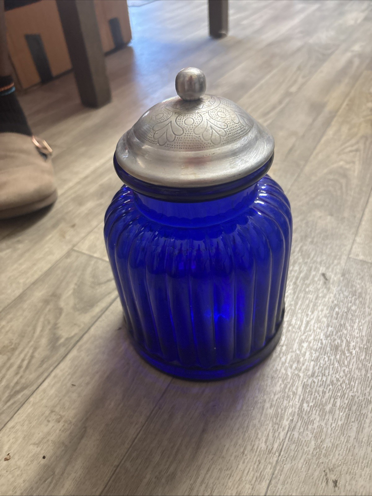 Vintage Artland Cobalt Blue Ribbed Apothecary Glass Jar Canister w/ Lid 9 Vintage Artland Cobalt Blue Ribbed Apothecary Glass Jar Canister w/ Lid 9