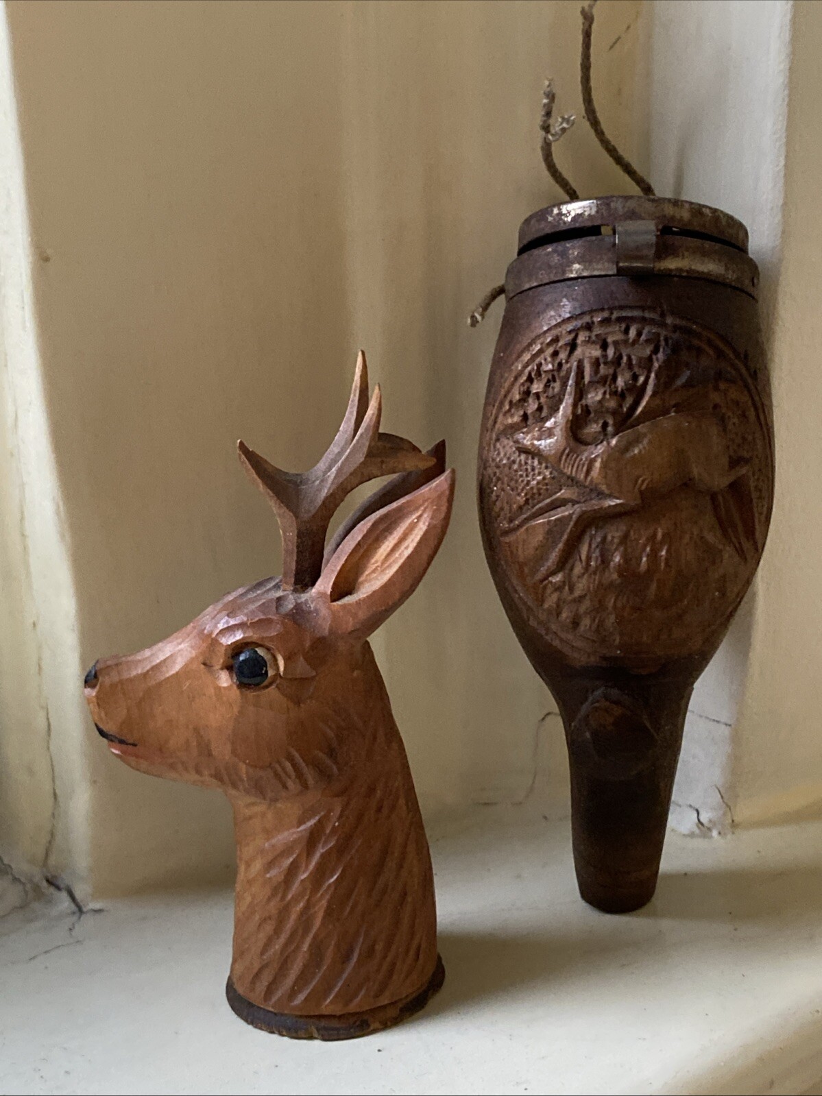 VTG Carved Wooden Smoking Pipe with Deer Miniature Wood Deer Head Antlers German