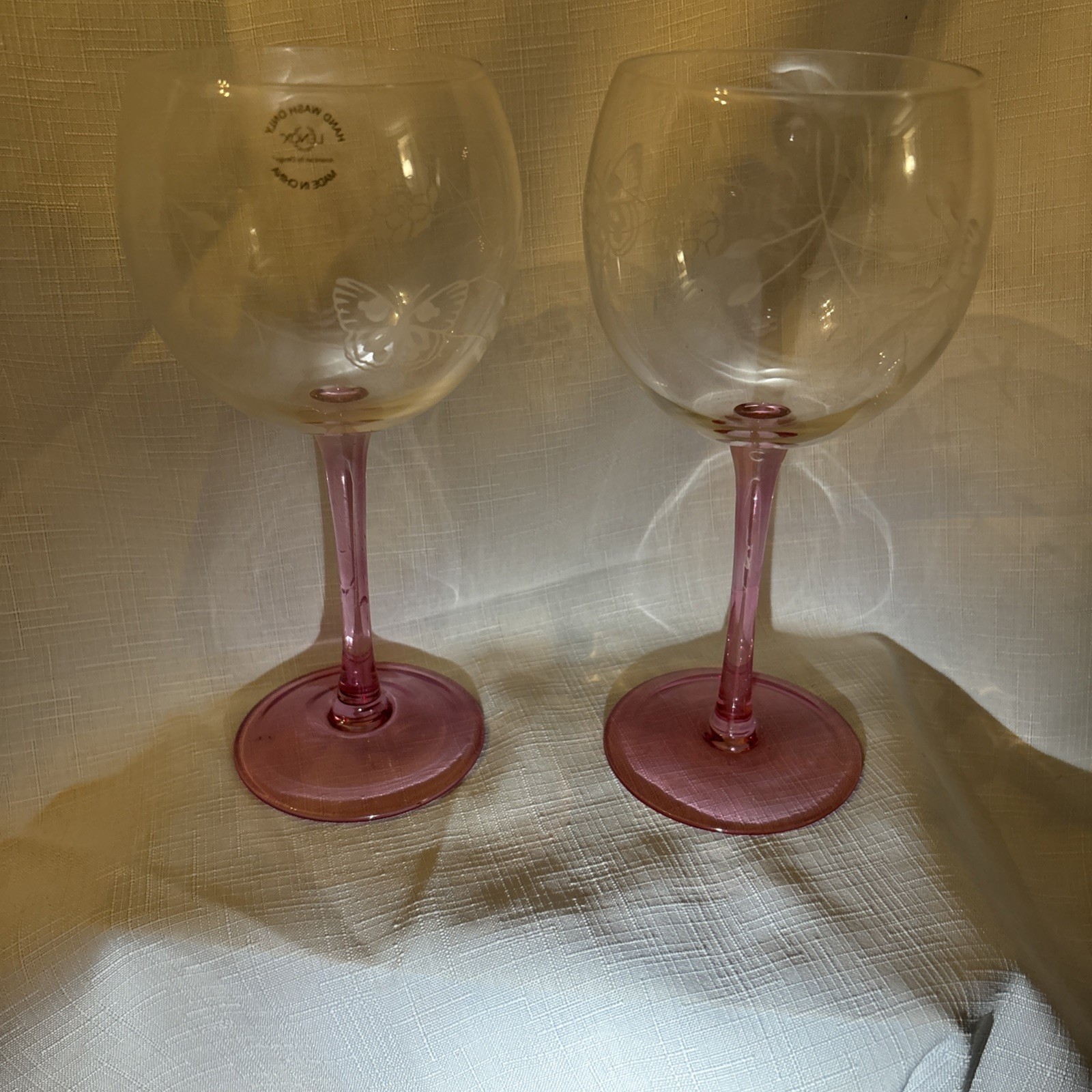 Glassware Set Of 2 Wine Balloon Butterfly Meadow by Lenox Pink Stem Retired