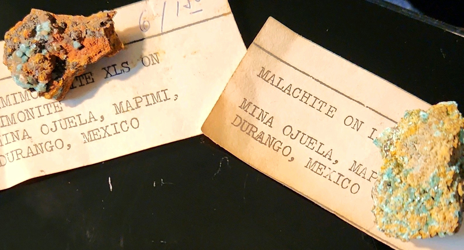Hemimorphite & Malachite Mina Ojuela Mexico 2 Vintage Minerals w Old Labels