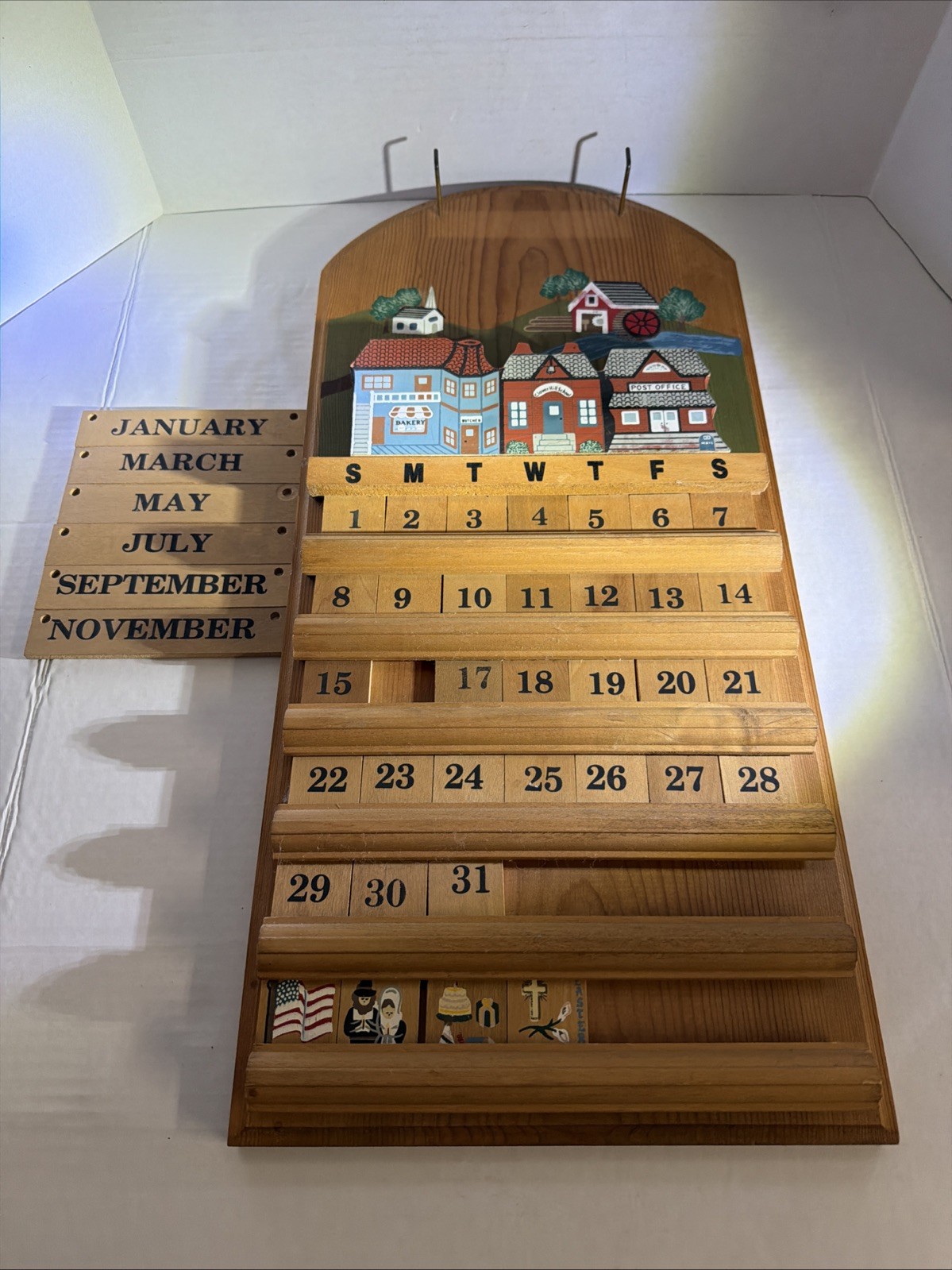 Vtg Wood Perpetual Calendar Incomplete 80s 90s Small Town