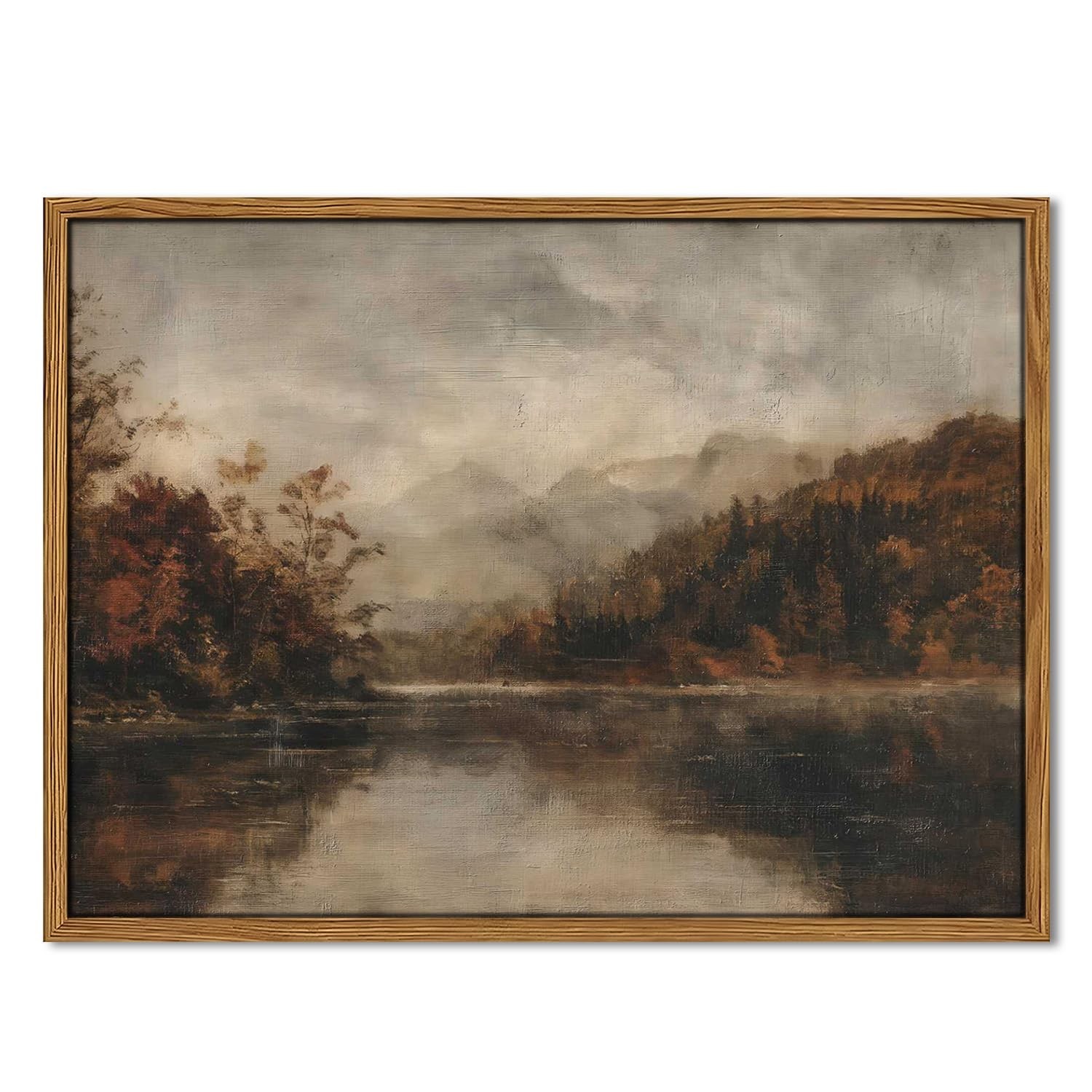 Wood Framed Vintage Wall Art, Moody Lake Forest Landscape Wall Decor Painting...