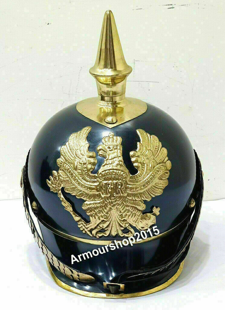Steel & Brass, Officer Helmet WWI German Pickelhaube, Prussian With Wooden Stand