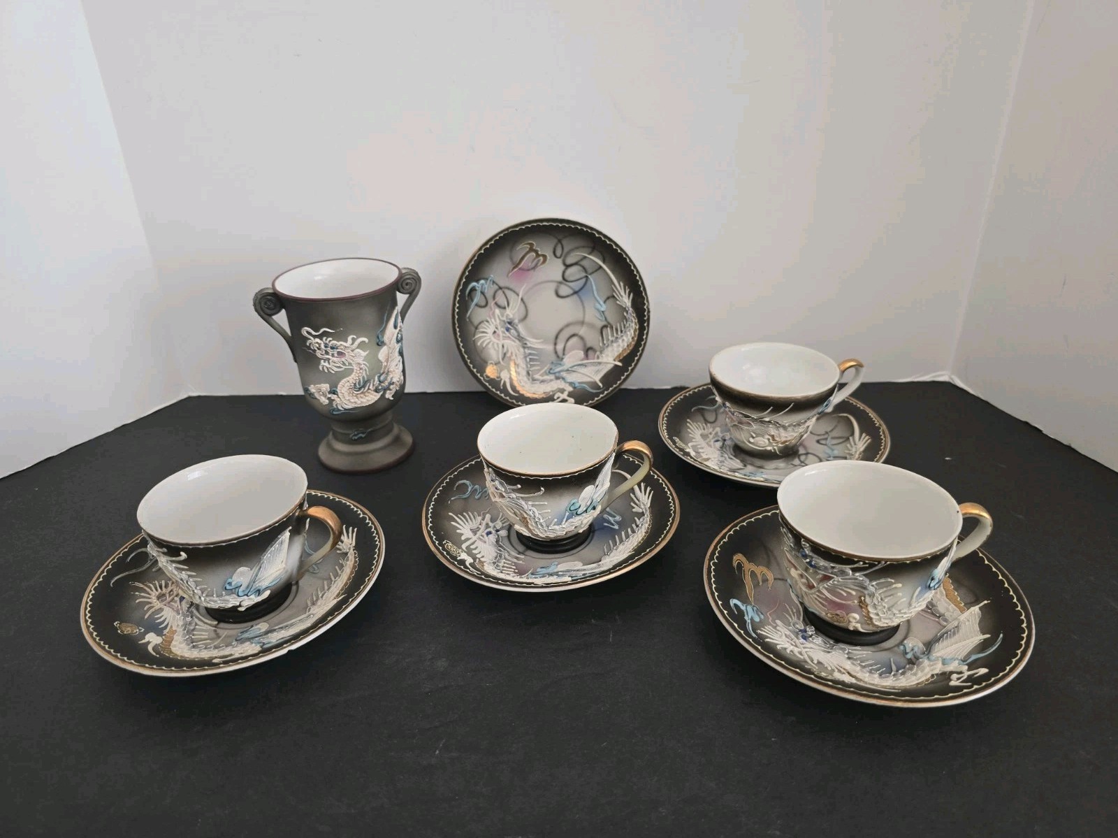 Set 3+ Vtg Dragon Ware Black Moriage Fairy Tea Cup,Saucer, Chalise Nippon Japan