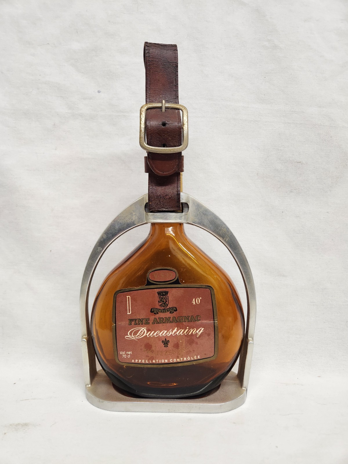 Vtg ARMAGNAC Ducasting Liquor Bottle On Metal Saddle Stirrup Leather Strap Horse