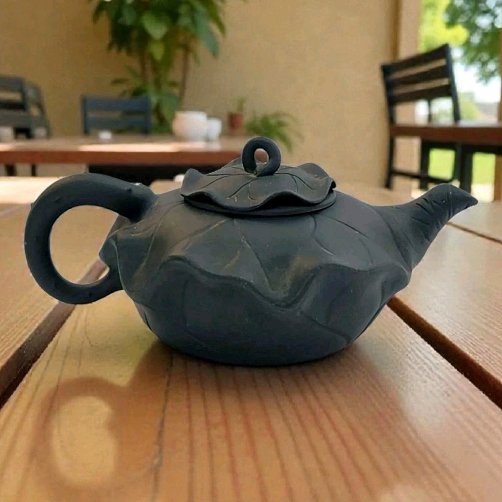 Yixing Zisha Art Pottery Teapot Teal-Blue Lily Pad Lotus Marked China Vtg Rare