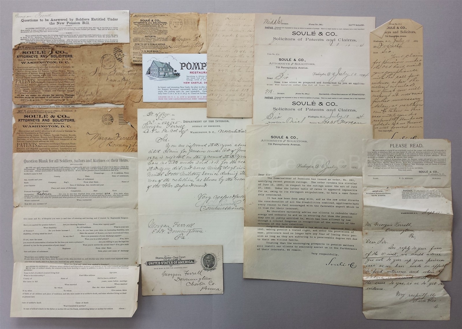 LOT 1894 antique 12pc MORGAN FERRELL downingtown pa VET PENSION DOCUMENTS soule 