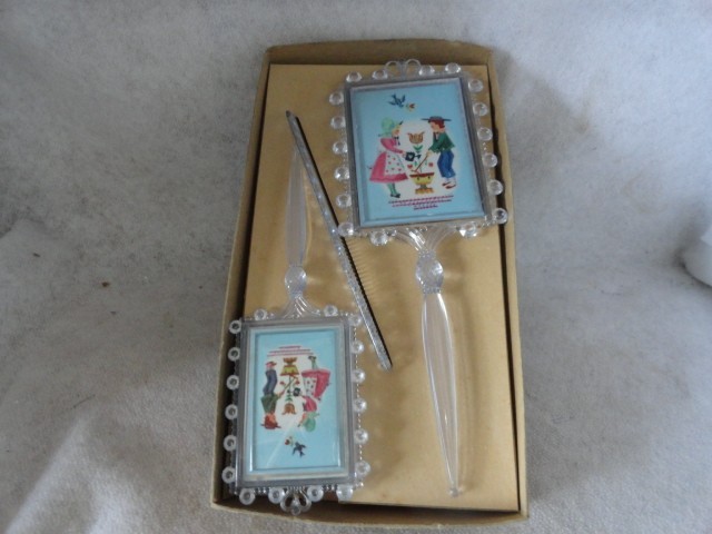 VINTAGE Mirror Brush Comb Set Clear Little Girl Print Vtg 1950s