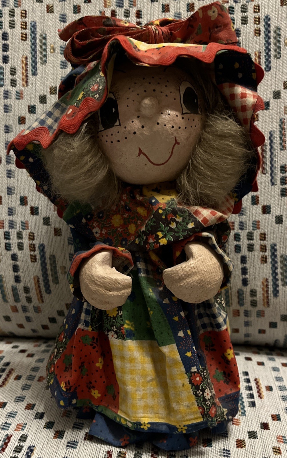 Vintage Paper Mache Woman Matching Bonnet Patch-like Dress Freckles Smile Vintage Paper Mache Woman Matching Bonnet Patch-like Dress Freckles Smile