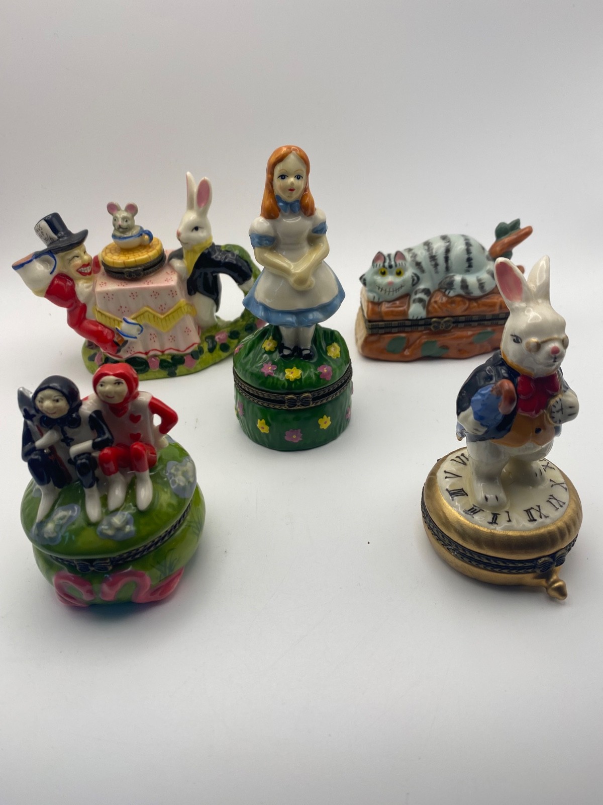 HTF Vintage Set of 5 Rare Alice In Wonderland Porcelain Hinged Trinket Boxes