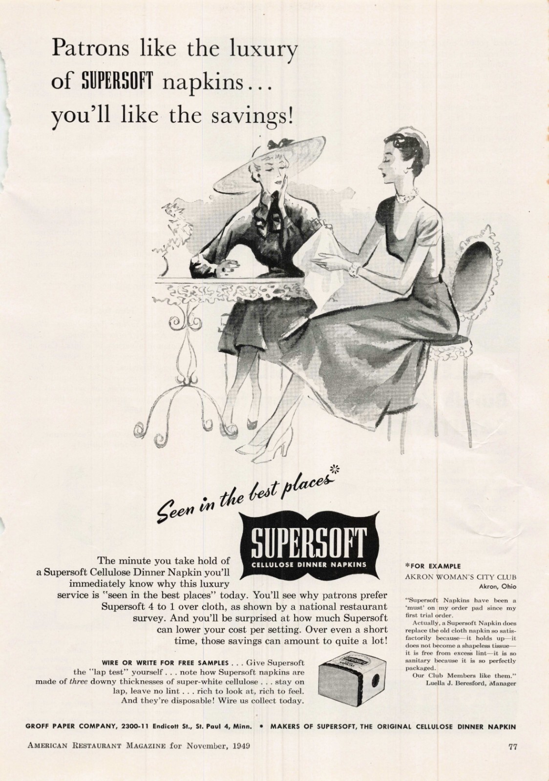 VTG 1949 Print Ad Supersoft Cellulose Dinner Napkins Drawing 2 Women Savings