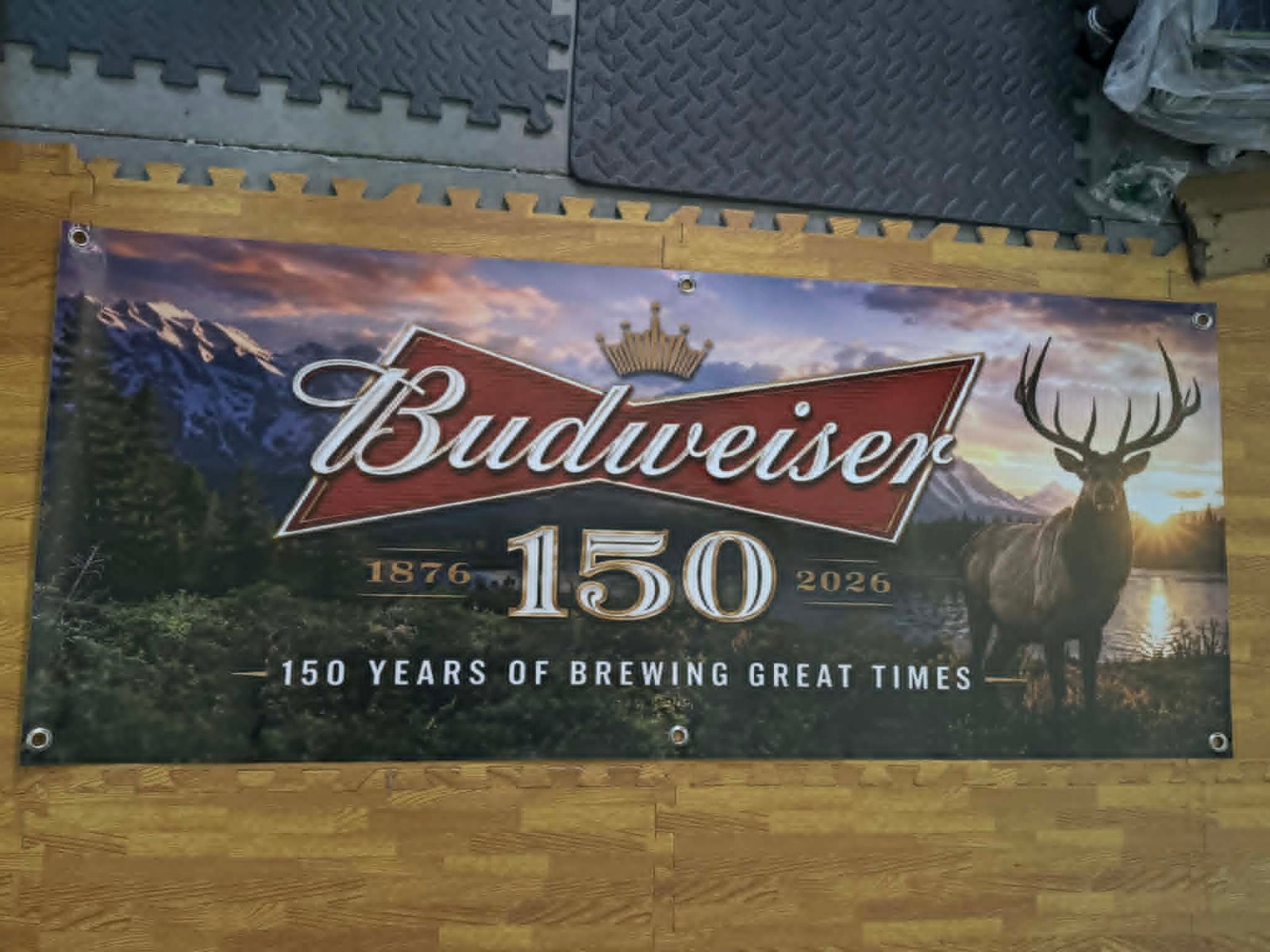 Budweiser 150th Anniversary Banner 48x20 Beer Bar Sign Man Cave Garage Cabin