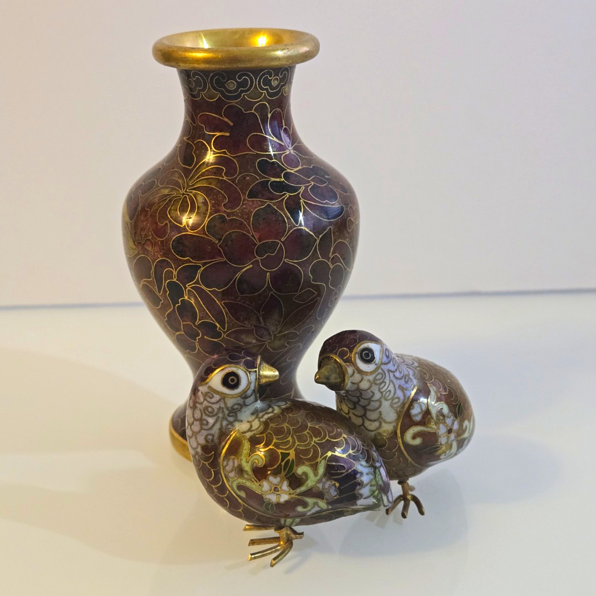 3pc Vintage Cloisonne Set Metal Bird Figurine Quail and Vase 3pc Vintage Cloisonne Set Metal Bird Figurine Quail and Vase