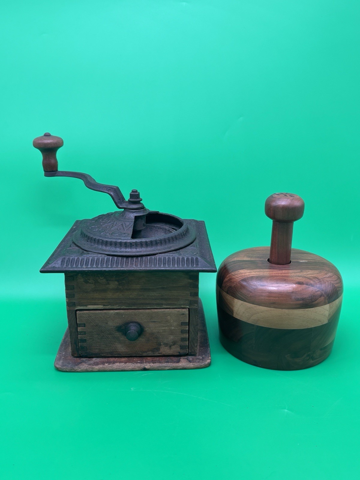 Antique Peugeot Freres Coffee Grinder & Vintage Turned Wood Lidded Container Lot