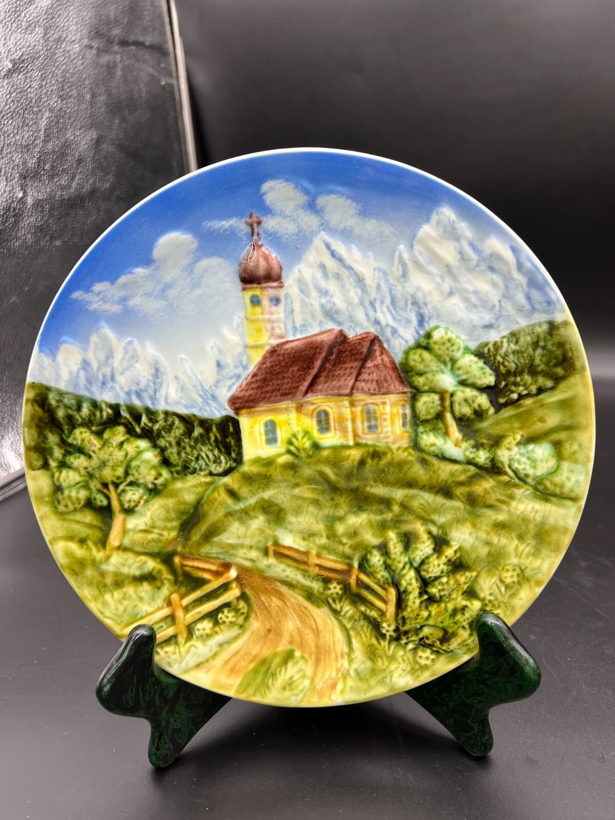 Germany Majolica Bas Relief Plate-Church at Base of Mountains