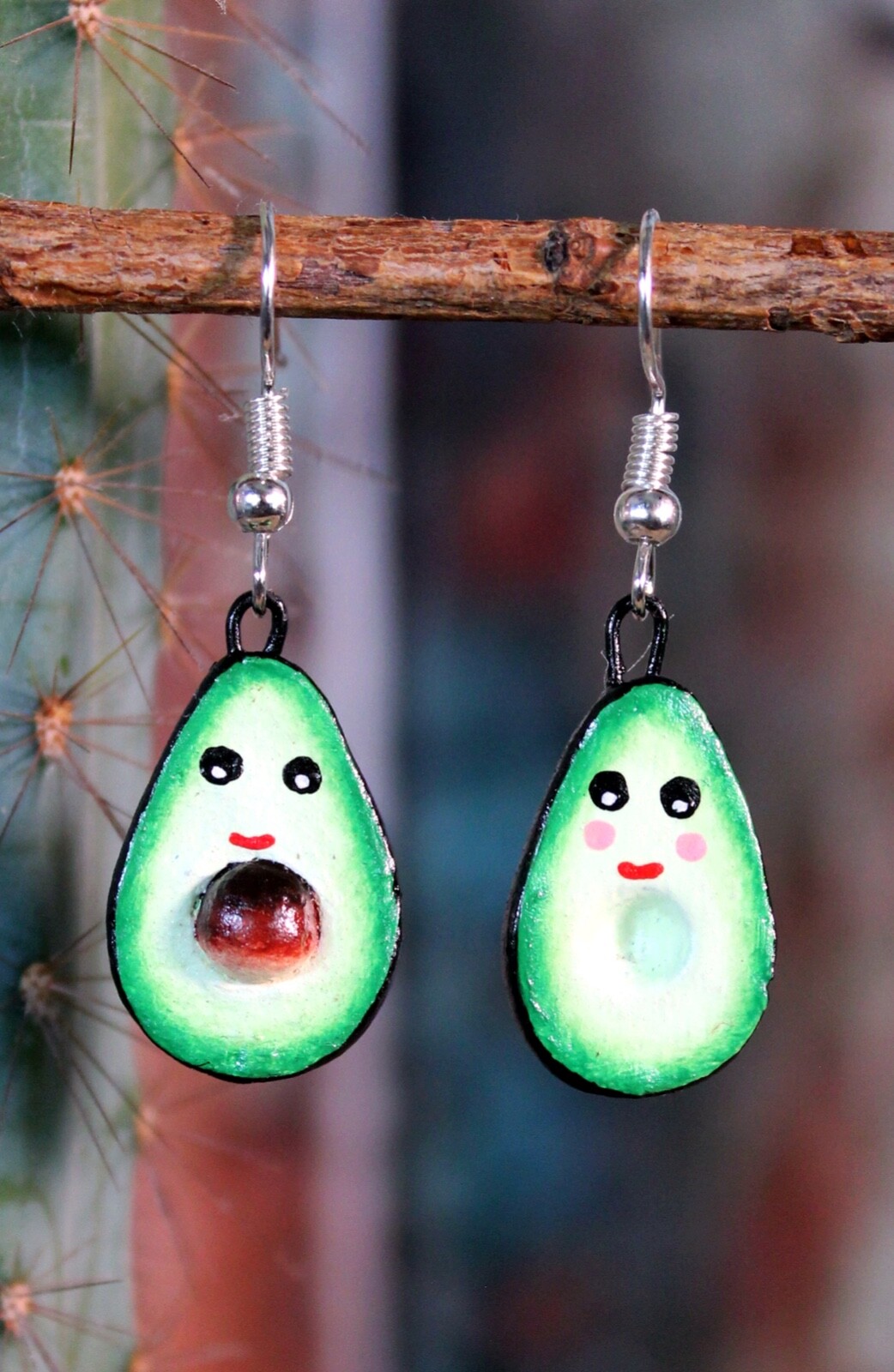 Happy Smiling Avocado Face Earrings Clay Handmade Hand Painted Mexican Folk Art