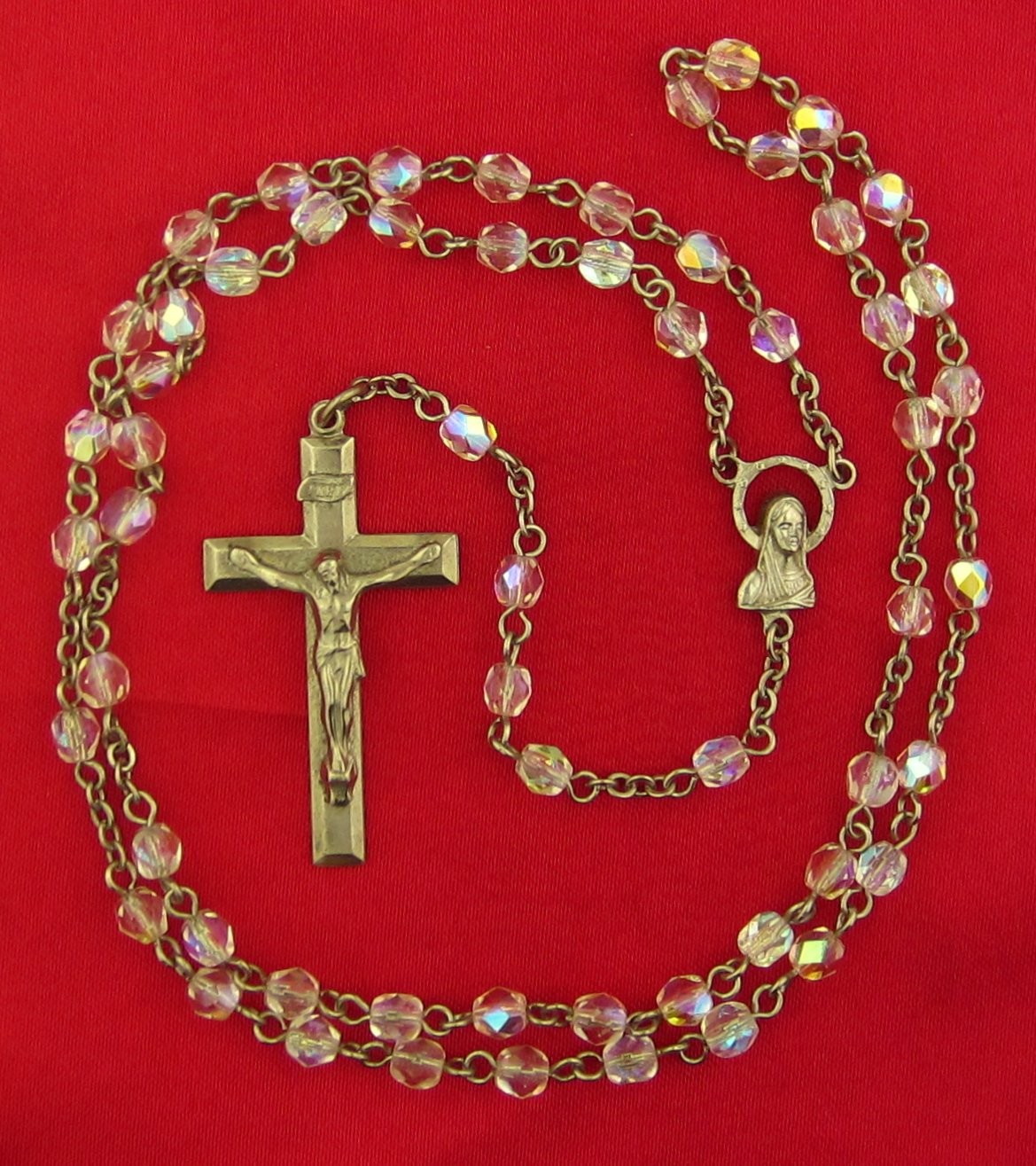 Vintage AURORA BOREALIS FACETED Rosary Religious Catholic MARY JESUS CENTER