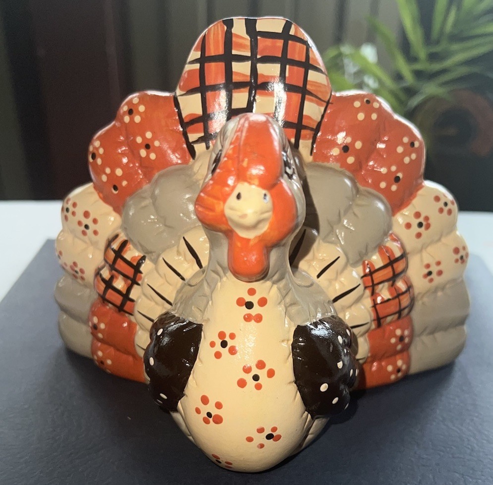 Vintage Ceramic Turkey Figurine Thanksgiving Hand Painted Fall Decor 7”