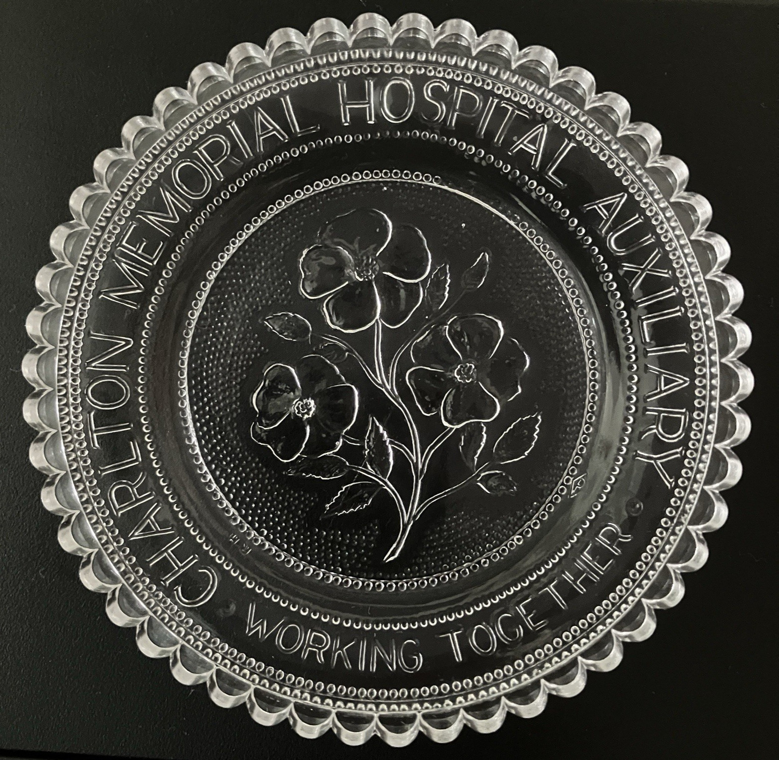 Fall River Charlton Memorial Hospital Primrose Floral Pairpoint Glass Cup Plate