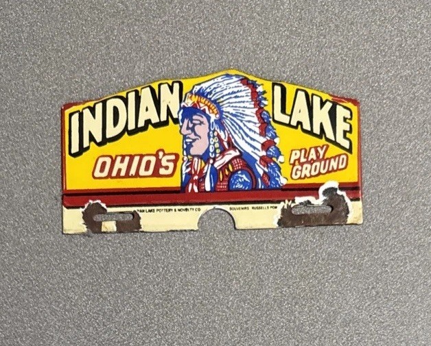 VINTAGE INDIAN LAKE PLATE TOPPER PORCELAIN SIGN CAR GAS MOTORCYCLE OIL TRUCK