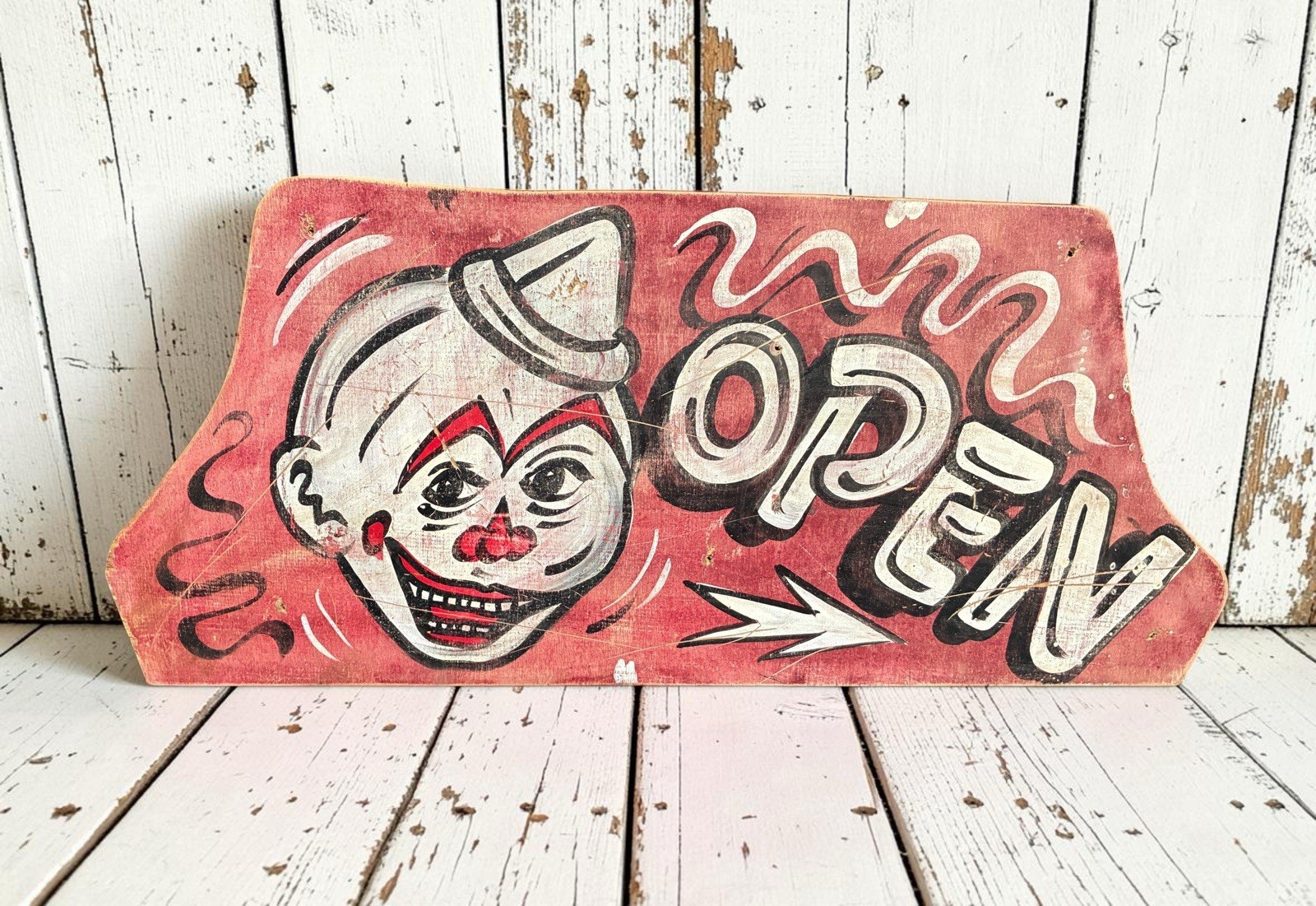 Vintage Hand Painted Carnival Clown Sign Antique Circus Fairground Folk Art