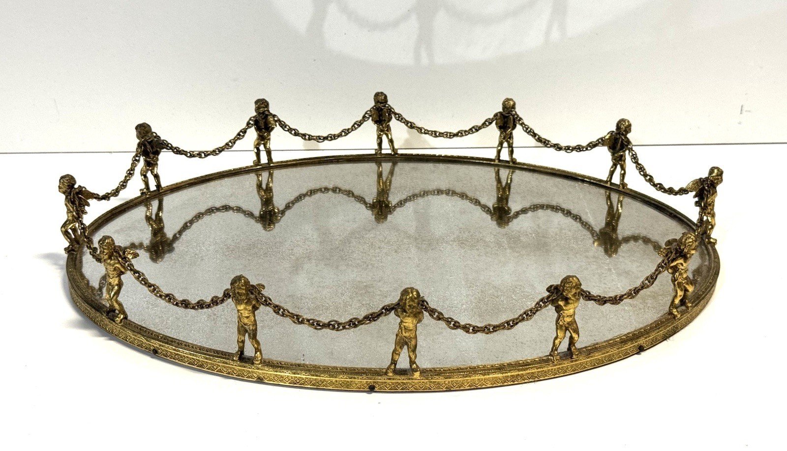 Vintage Gilt Gold Ormolu Mirrored Oval Vanity Tray Cherubs Putti