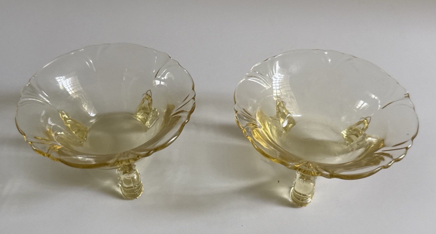 Pair of (2) Heisey Glassware Empress Dolphin Footed Nut Dish, Sahara Yellow