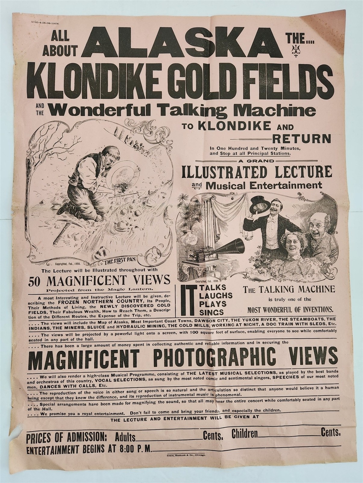 1898 antique ALASKA KLONDIKE GOLD rush FIELDS talking machine LECTURE POSTER