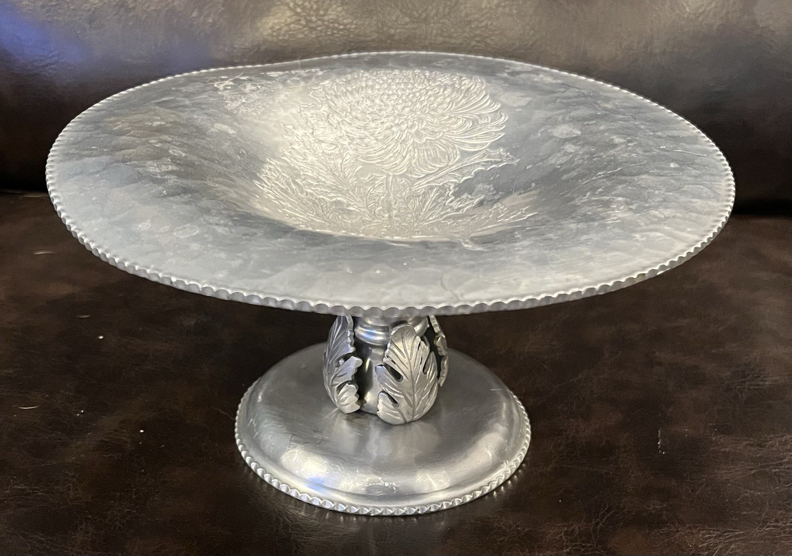 Vintage Continental Silverlook Hand Wrought Aluminum Pedestal Dish Pattern #507