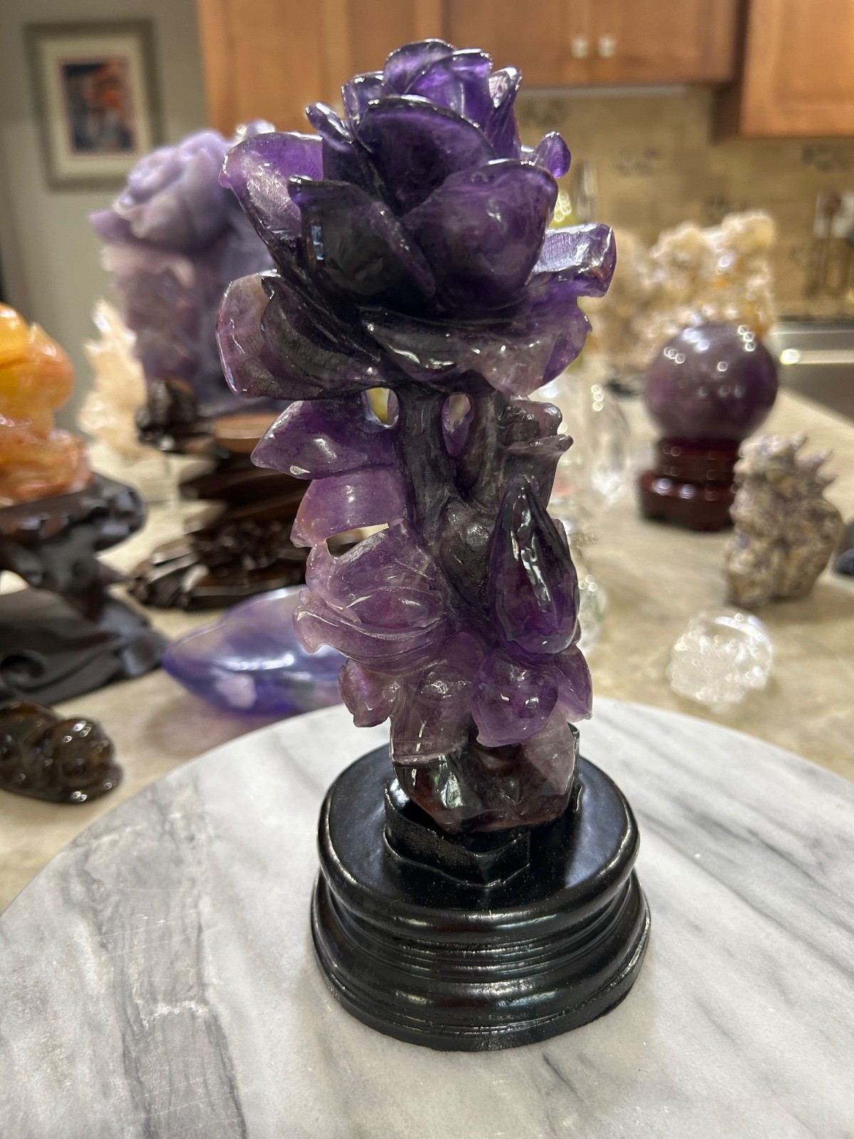 Dream AMETHYST flower rose carving with stand