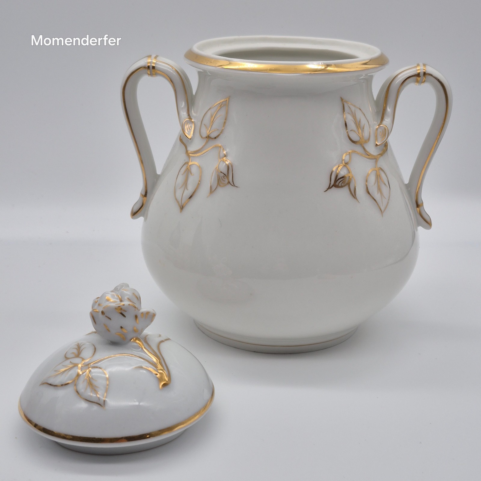 Antique Haviland & Co Limoges Covered Sugar Bowl Gold Leaves Rosebud 1880s