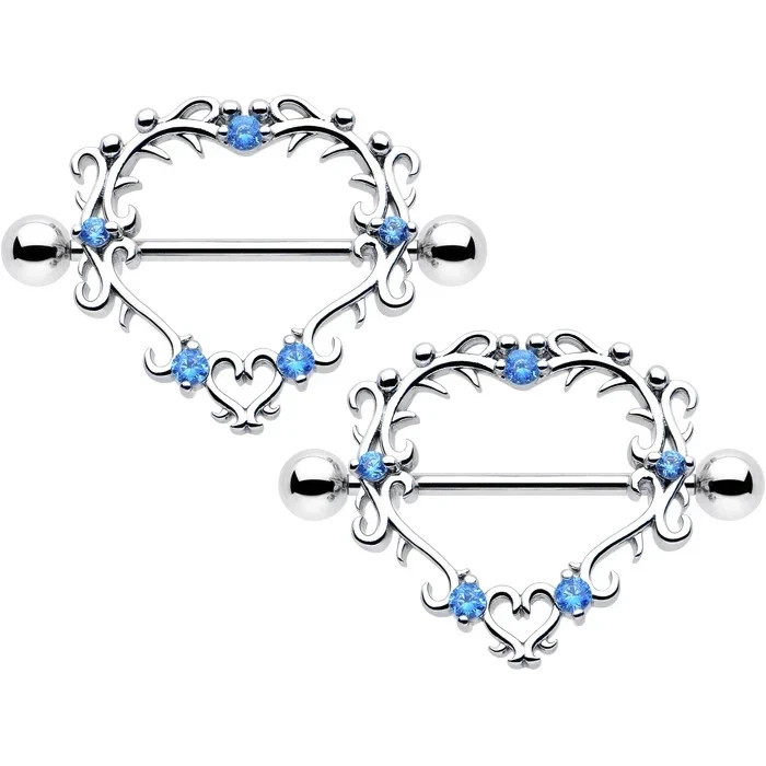 14 Gauge 9/16 Blue Aquamarine Leafy Heart Nipple Shield Set 14K White Gold Over